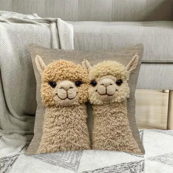 Alpaca Pillow Cover Imitation Embroidery Alpaca Pattern Pillowcase Rustic Throw Pillow Cover for Sofa Couch Bedroom Living Room Car Decor