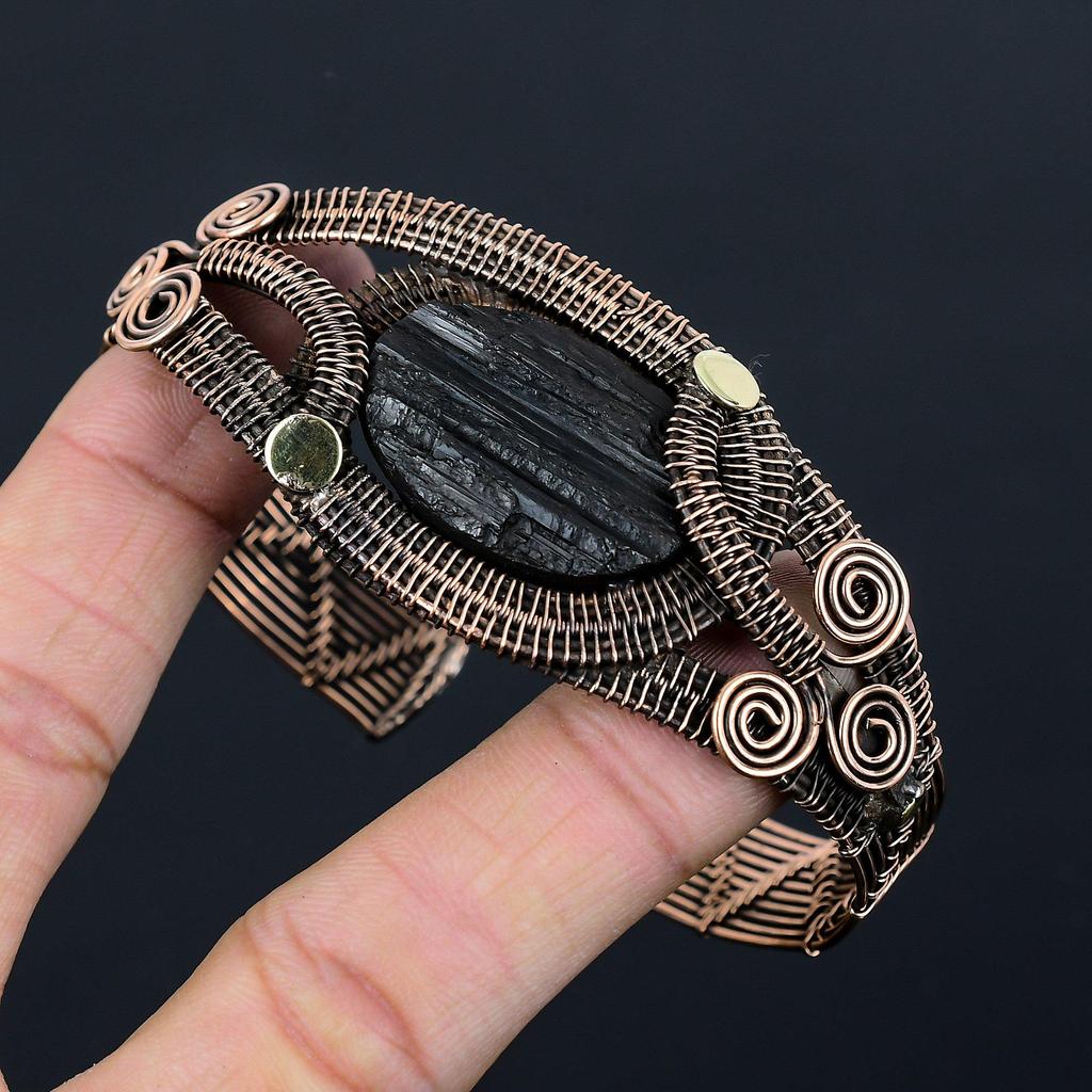 Black Tourmaline Rough Gemstone Pure Copper Wire Wrapped Handmade Cuff/Bangle Jewelry