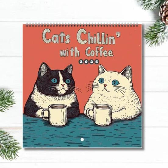 1/2 шт. настенный календарь 2025 года «Кошки отдыхают с кофе», настенный календарь на 12 месяцев, календарь «Кошки с кофе», семейный офисный органайзер для любителей кошек, подарок