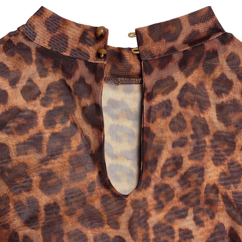 Women's Sexy Leopard Print Long Sleeve Split Dress