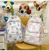 Ins Style Girls' Nylon Large Capacity Backpack For School Students Cartoon Cute Flower Pattern Grid Element