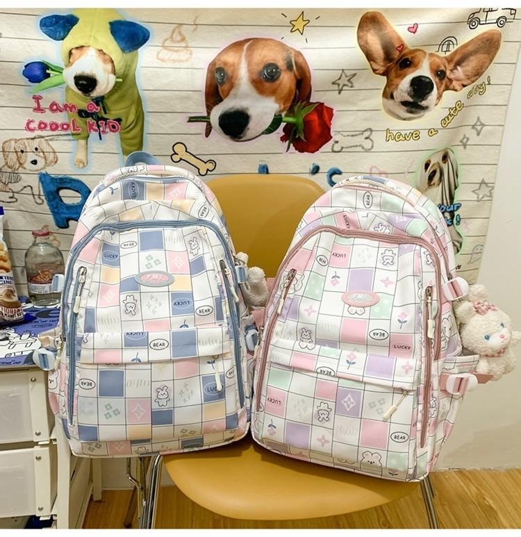 Ins Style Girls' Nylon Large Capacity Backpack For School Students Cartoon Cute Flower Pattern Grid Element