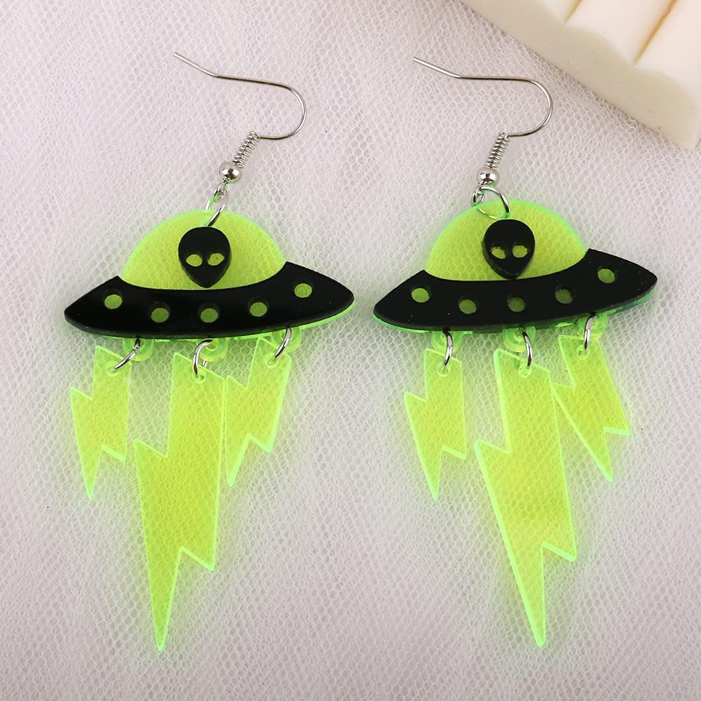 Funny Alien Lightning Tassel Acrylic Women's Earrings Cute Colorful UFO Spaceship Dangle Pendant Earring 2025 Jewelry Gifts