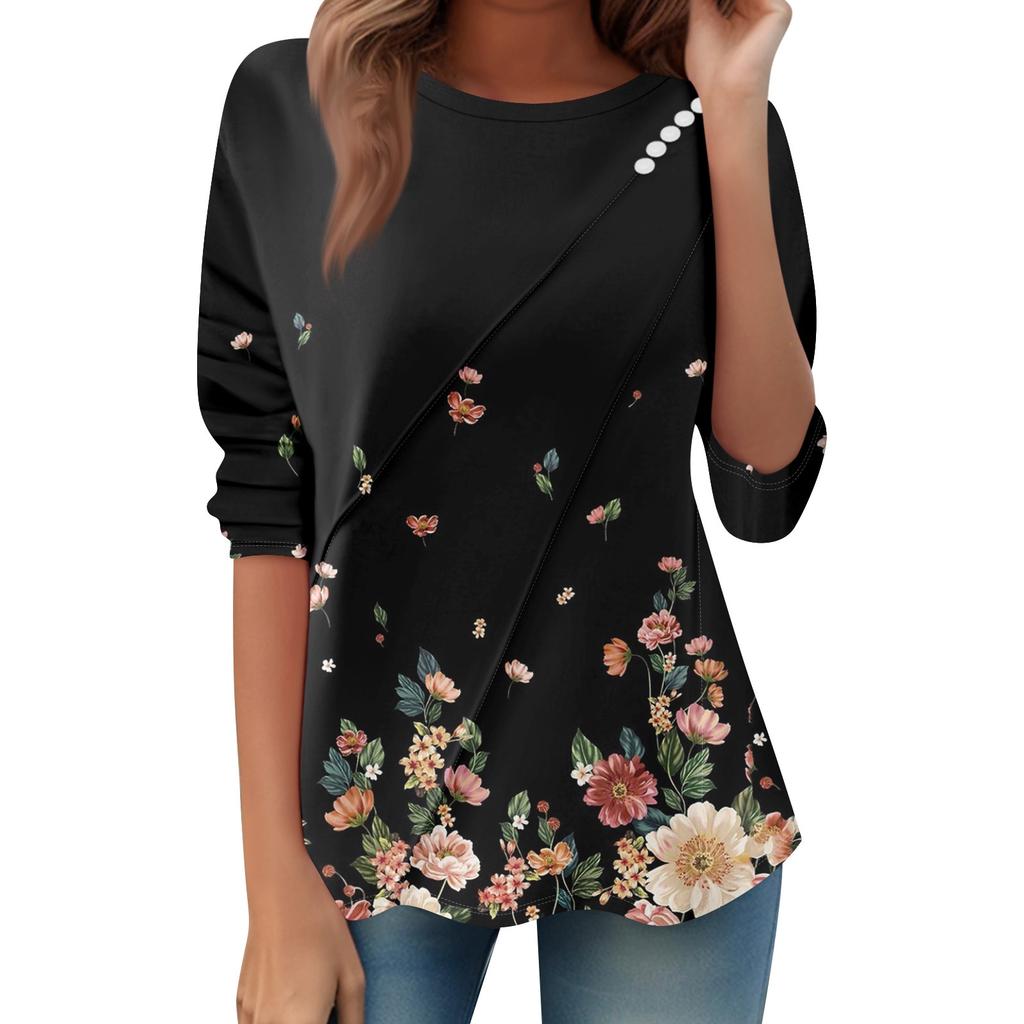 Women's Loose Casual Long Sleeve Top Round Neck Button Pull Stripe Prints T Shirt