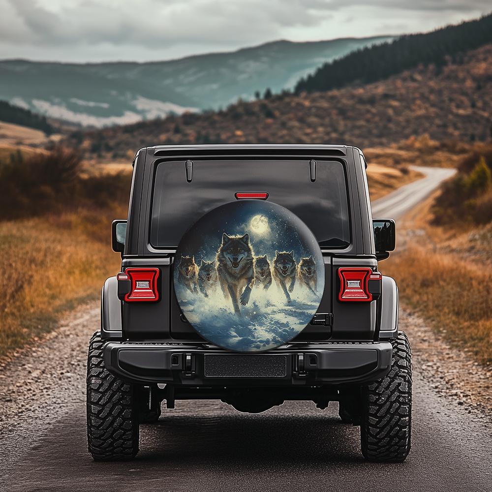 Wolf Pack Running Spare Tire Cover Polyester Fiber Jeep Accessories Winter Moon Graphic Wheel Protector