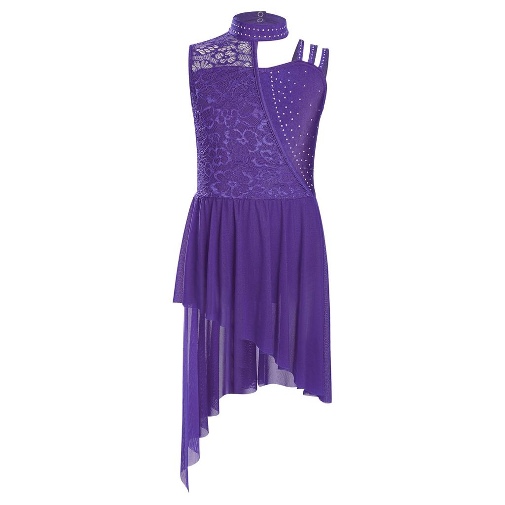 Девочки Без Рукавов Воротник-стойка Асимметричное Плечо Цветочный Кружевной Стразы Неровный Подол Гипюровое Платье-трико Leotard Lyric Dancewear