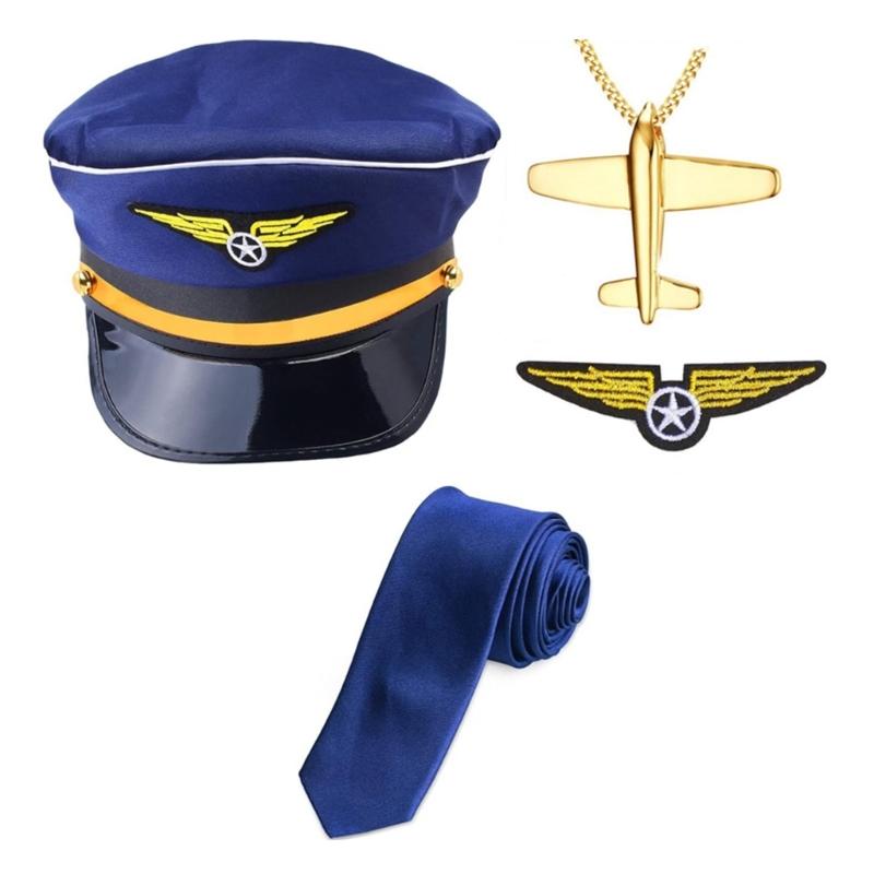 Airline Captain Costume Adult Pilot Cosplay Accessory Uniform Epaulette Hat Neck Tie Flight Attendant Role Play Outfit