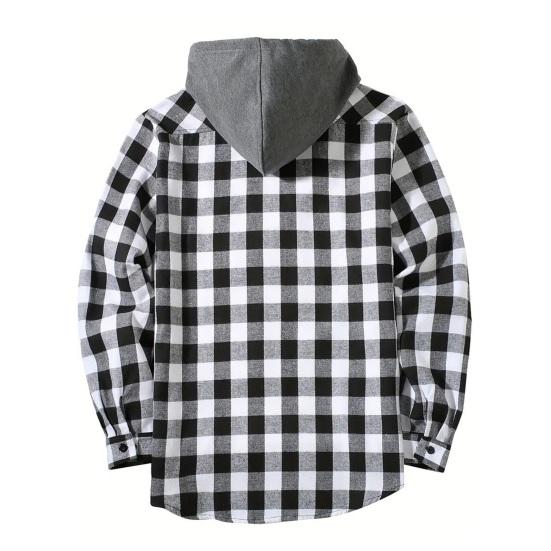Fall Spring Men Shirt Hooded Drawstring Long Sleeves Color Matching Plaid Print Single-breasted Daily Wear School
