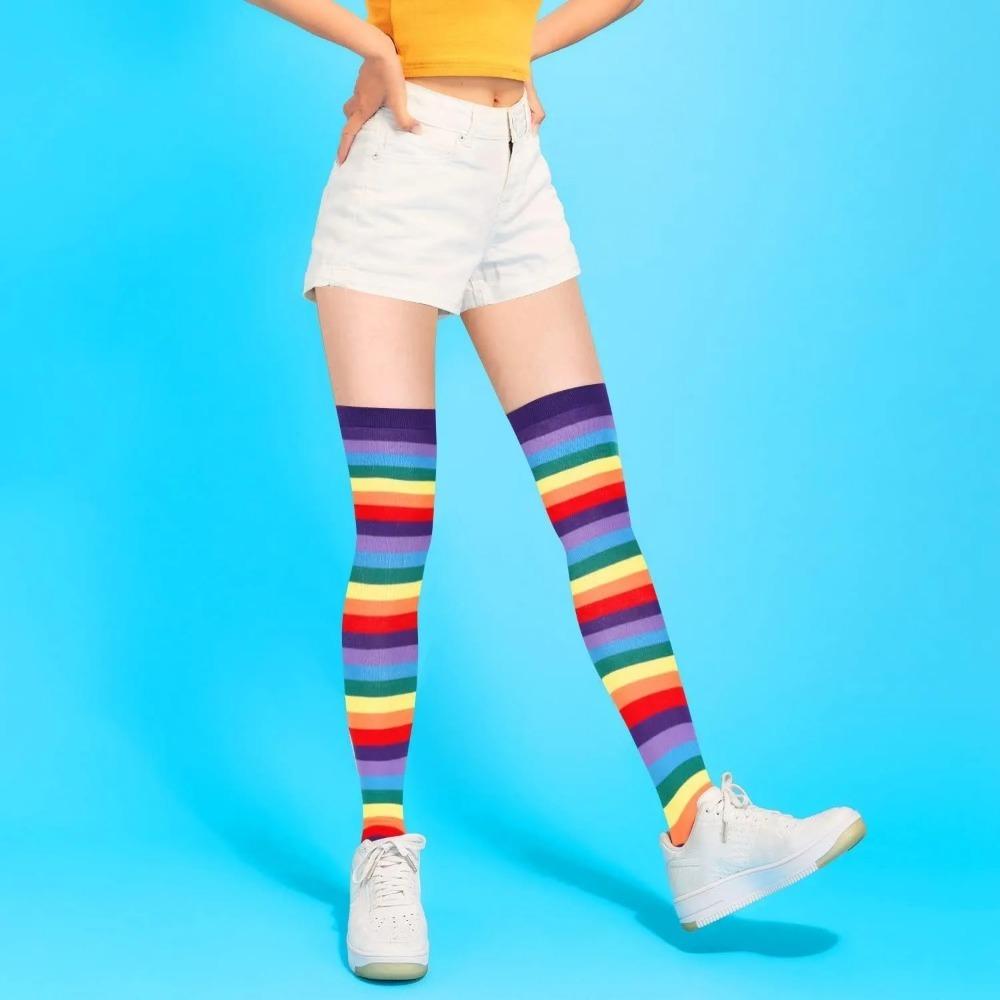 Женские Девичьи Фантазийные Радужные Полосатые Гольфы Выше Колена Хэллоуин Косплей Костюм Вязаные Эластичные Высокие до Бедра