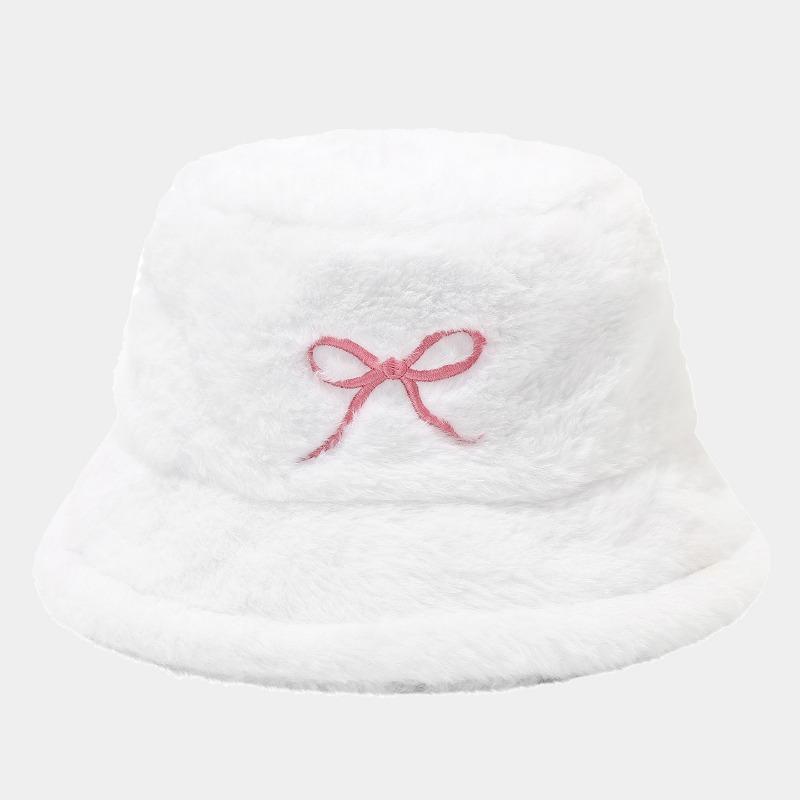 Women S Bow Embroidered Plush Bucket Hat Winter Outdoor Fashion Sun Hat