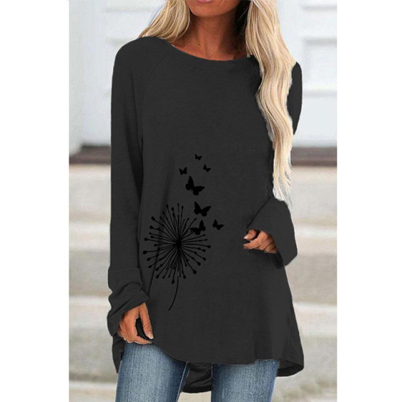 Женская футболка с длинным рукавом, уличная трендовая одежда, топ с круглым вырезом и принтом, свободная модная одежда 2024, женская футболка высокого качества