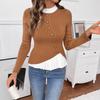 Autumn Winter Casual Fashion Patchwork Pleated Knitting Top Women Elegant Buttons Bottomed Sweater Top
