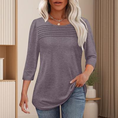 Женские топы с круглым вырезом и рукавом 3/4, плиссированная блузка, весна-лето, однотонная, свободная посадка, повседневная футболка, повседневная одежда