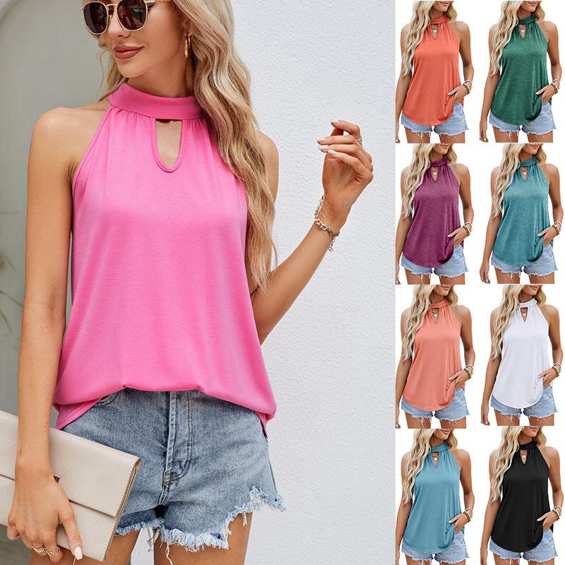 Летний женский жилет с вырезом на шее, топ с отверстием для ключа, футболка без рукавов, свободного кроя