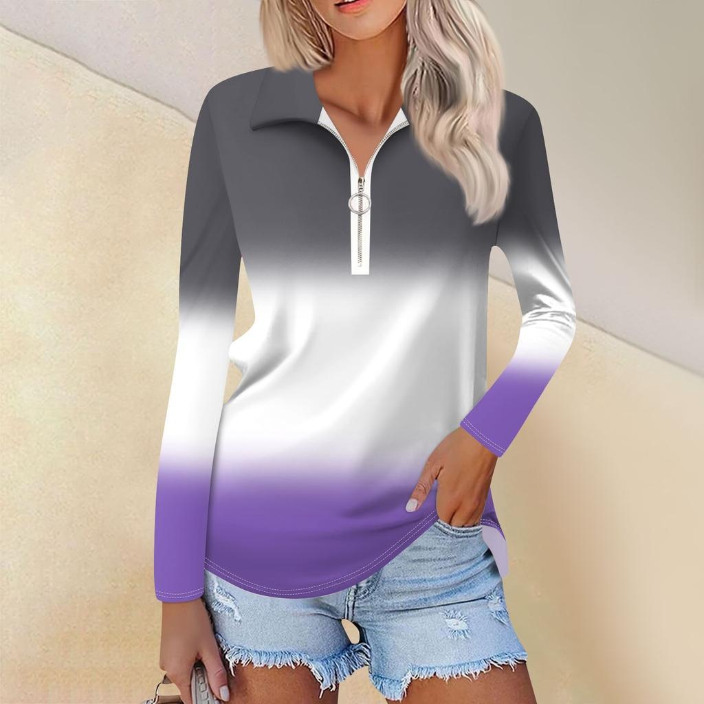Женская весенняя и модная повседневная рубашка с принтом на молнии с V-образным вырезом и длинным рукавом