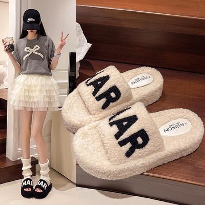 Красные буквы пушистые тапочки женская мода толстый низ тренд пушистые тапочки интернет знаменитости новая мягкая подошва верхняя одежда пушистые тапочки