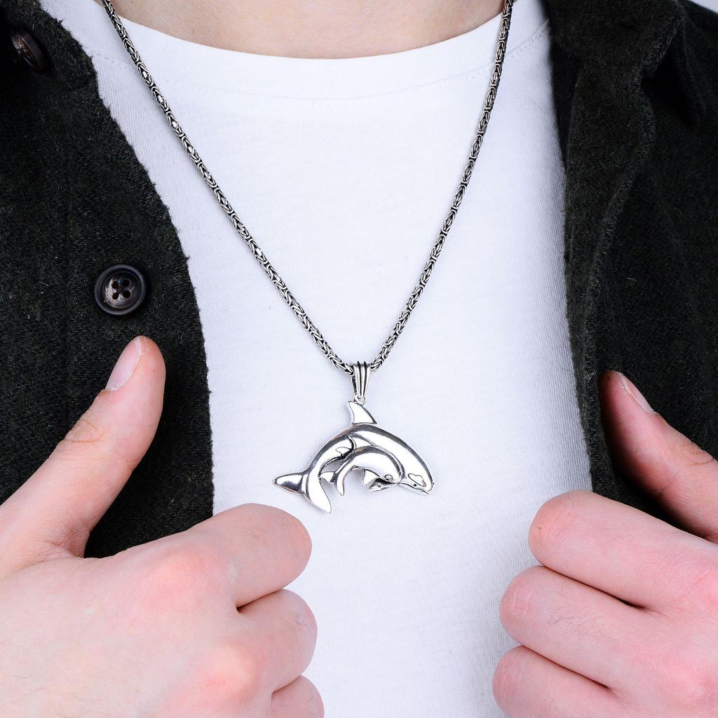 Men's 925k Dolphin Pendant Necklace, Silver Byzantine Chain Necklace, Simple & Stylish Silver Jewelry, Handcrafted Turkish Artisan Piece