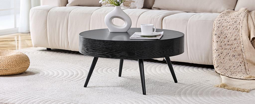 Round Coffee Table with 70 cm Diameter in Black Wood Look (MDF) & Black Metal Legs. Minimalist Design, Ideal for Living Room and Small Spaces.