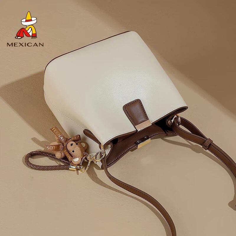 MEXICAN Women's Crossbody Bag, Handbag, Cowhide Bucket Bag, Beige