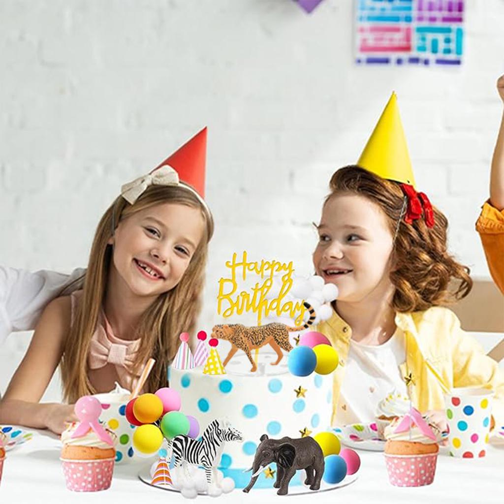 Safari Animal Cake Toppers with Mini Birthday Party Hat Color Balls Cake Decorations for Jungle Wild Themed Party Supplies