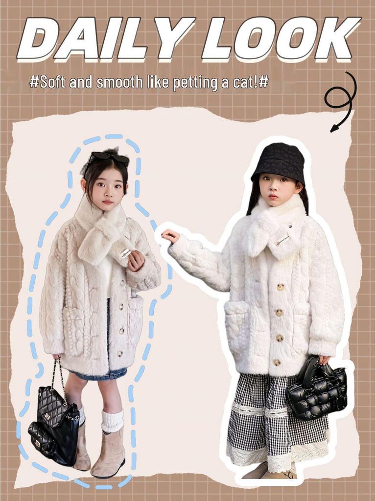 Пальто из искусственного меха для девочек в корейском стиле со шарфом - Размеры M и L, Коллекция Осень/Зима