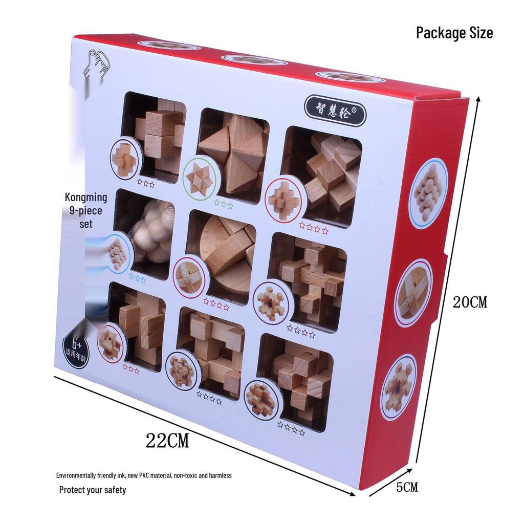 Wooden Kongming Lock 9-Piece Set: Educational Luban Puzzle Toys for Kids and Students