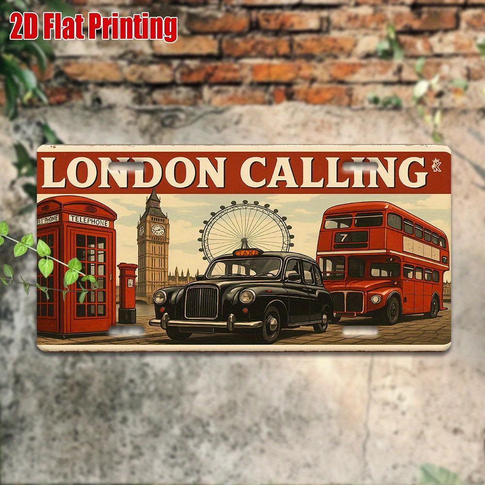 Металлическая лицензионная табличка London Calling - Ретро алюминиевое настенное искусство, Дизайн достопримечательности Лондона с красным двухэтажным автобусом и часами Биг Бен