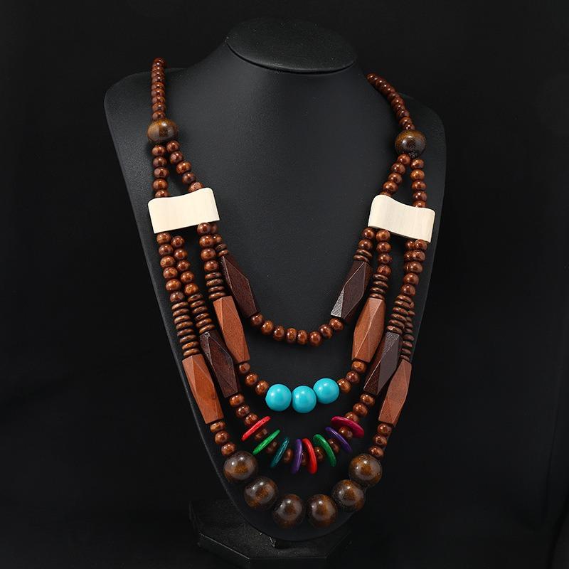 Vintage Exaggerated Wooden Necklace Maillard Vacation Women's Bohemian Long Niche Sweater Chain Earrings