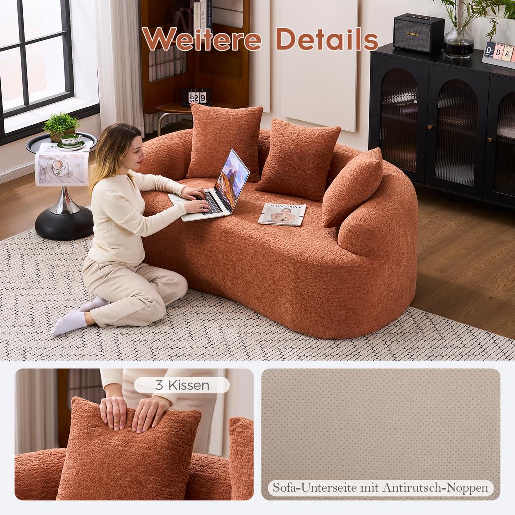 Modular, curved two-seater sofa, contemporary style, including three decorative cushions, ideal for small apartments, no assembly required, coral pink