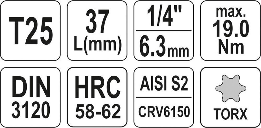 TORX KEY 1/4"""" T25 L37MM / YT-04305 / YATO