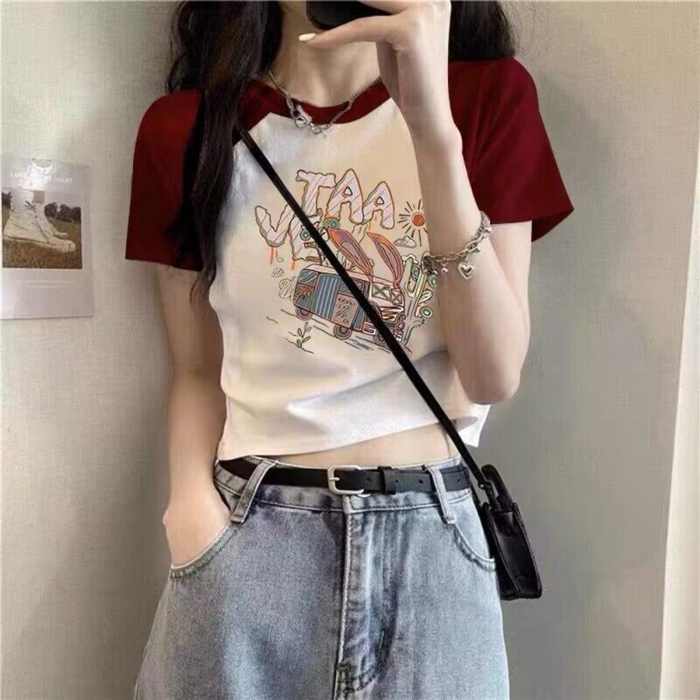 Pure Cotton Short T-shirt Design Summer Hot Girl Short Sleeve Black Loose Top