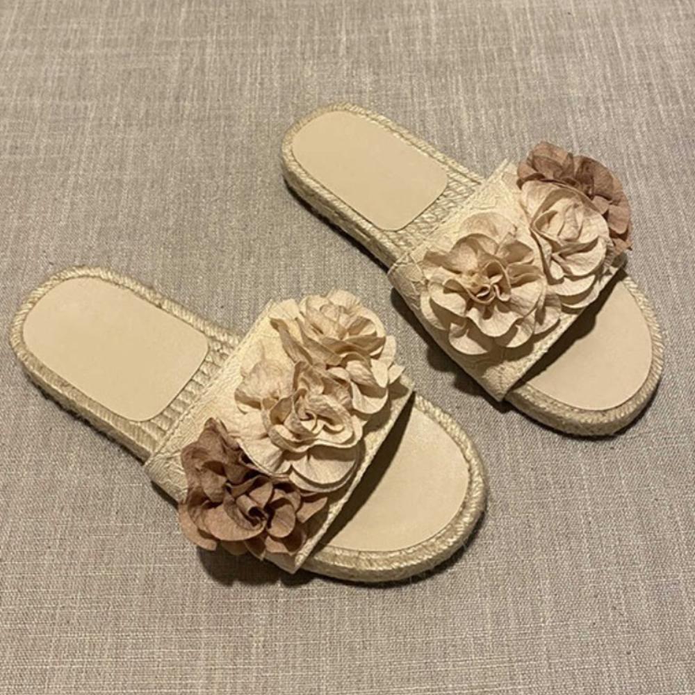 Fashion Women Flower Decoration Flat Slippers Chanese Style Braided Bottom Slip On Women Sandals Summer Soft Lightweight Femme Slides