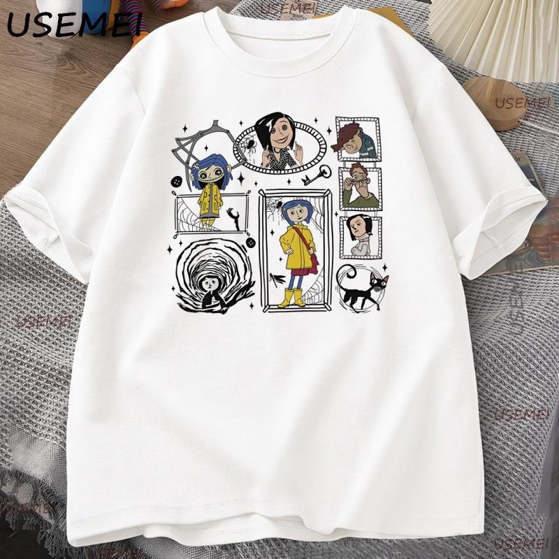 Vintage Coraline Halloween TShirt Y2k Spooky Tshirt Horror Graphic T Shirts Cotton Short Sleeve Unisexs Clothing Male Tops Tee