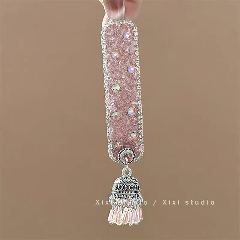 Blue Gem Healing Rhinestone Pearl Ethnic Tassel Hair Clip for Women