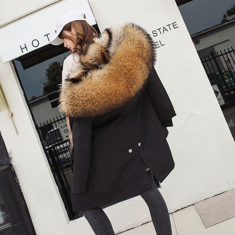 Женские зимние парки средней длины, съемная подкладка из меха енота, утепленное пальто из искусственного меха, женская куртка с капюшоном на меху, большие размеры