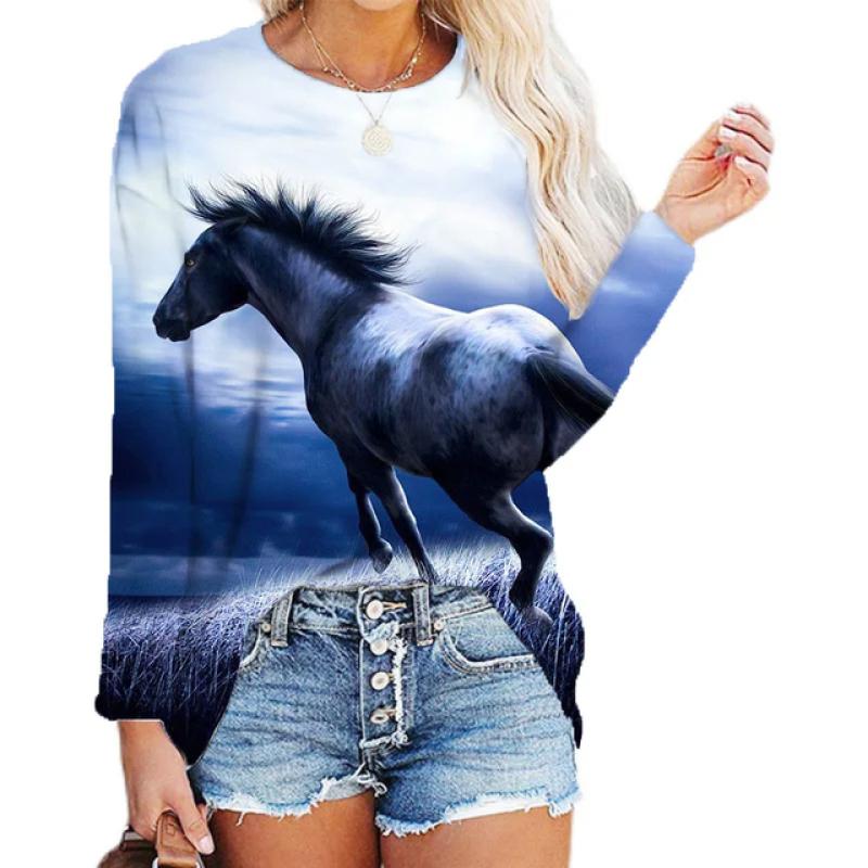 Толстовки с принтом в виде головы лошади с 3D-принтом, топ с длинным рукавом для женщин, новая весенняя одежда, толстовка с круглым вырезом, повседневная свободная женская одежда