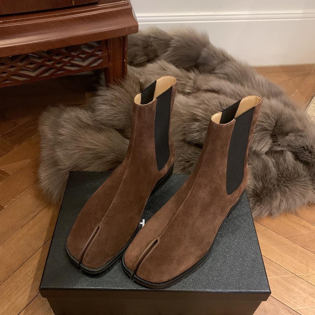 Версия из коровьей кожи! Модные универсальные новые британские кожаные свиные копытца с раздвоенным носком на толстом каблуке челси короткие ботинки женские ботинки мартин