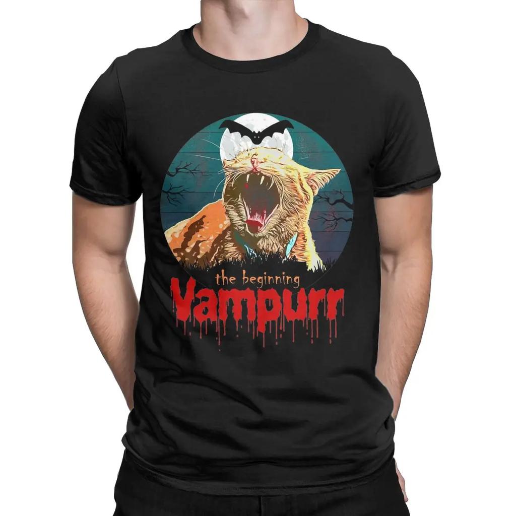 Vampurr Vampire Black Cat Men T Shirt Halloween Kitten Vintage Tee Shirt Short Sleeve O Neck T-Shirt Cotton Big Size Clothes