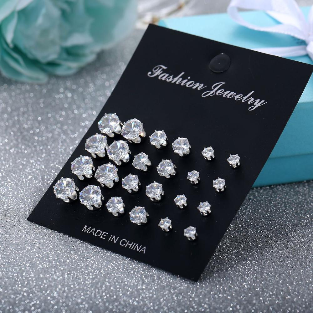 6/12Pairs Elegant Wedding Jewelry Gift Geometric Crystal Stud Earrings Set Round Zircon Alloy Silver