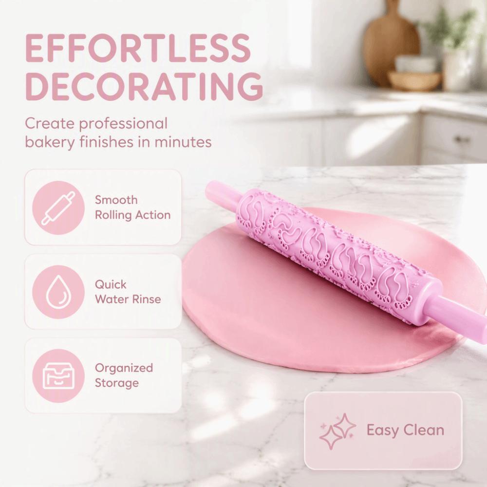 Rose Little Feet Pattern Embossing Rolling Pin Cake Decorating Roller Professional Pastry Work