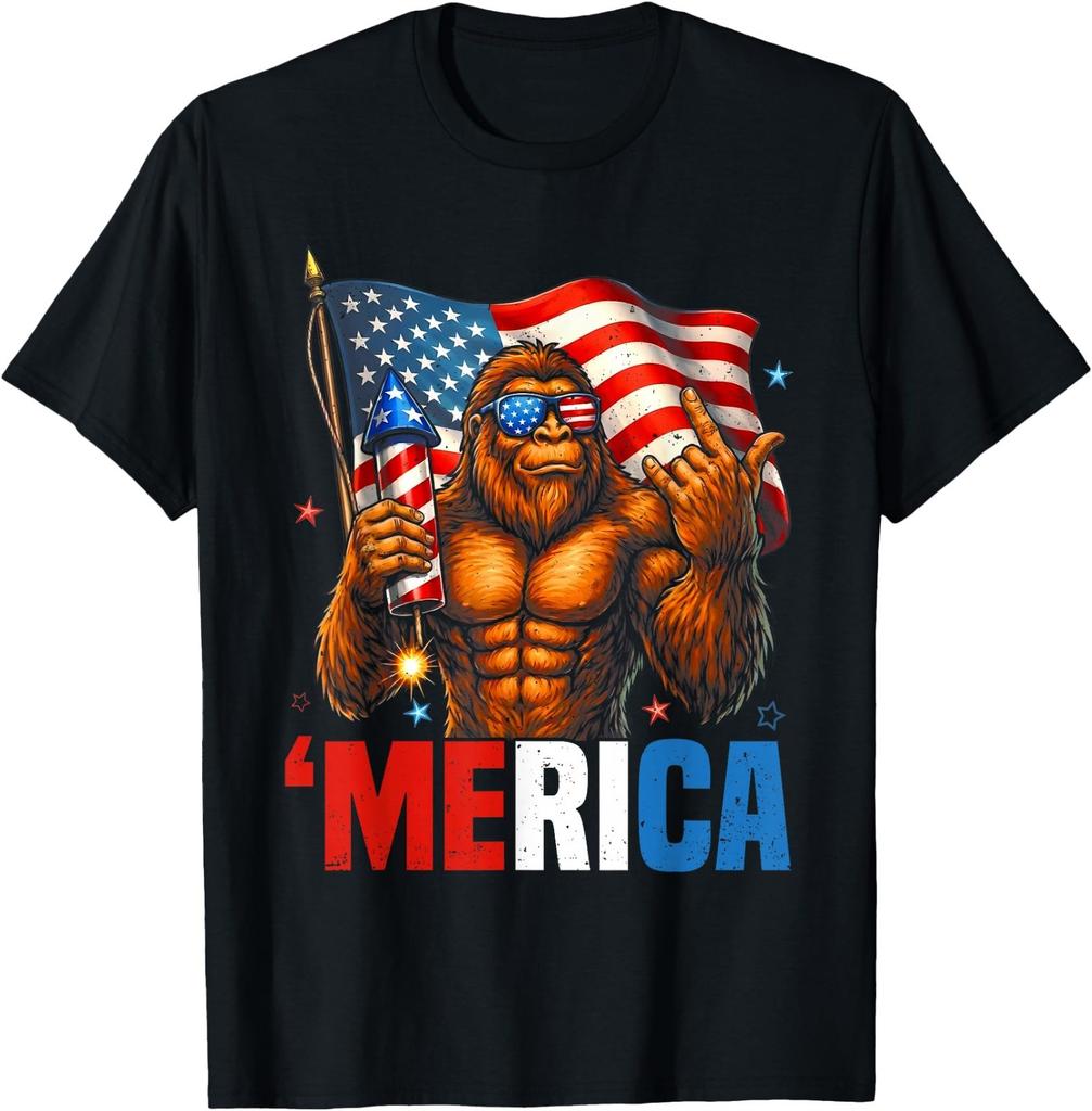 Bigfoot Merica Rock Patriotic USA Flag 4th of July T-Shirt