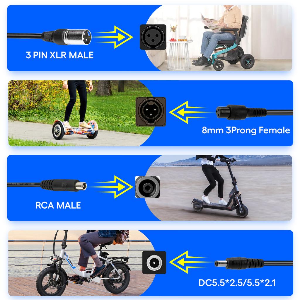 42V 2A Lithium Battery Fast Smart Charger with 4 Types of Connectors for 36V 10S Lithium Battery Compatible for Electric Scooter