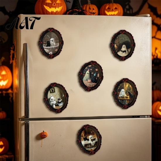 Waterproof Wear Resistant Fridge Decals Halloween Ghost Refrigerator Magnet, Retro Gothic Magnets, Oval Picture Spooky Pumpkin Ornaments Frame
