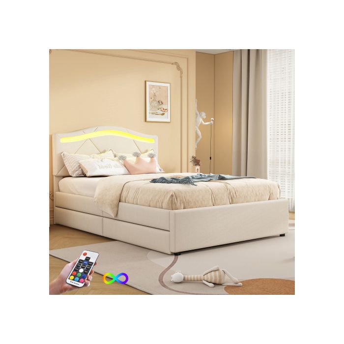 Мягкая кровать - MUVOE - 90x200 см - Бежевый - Светодиодное освещение с дистанционным управлением - 2 выдвижных ящика