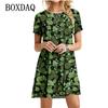 Мини-платье с 3D зелеными листьями и цветочным принтом для женщин, летнее свободное свободное повседневное платье трапециевидной формы с короткими рукавами и круглым вырезом Сарафан