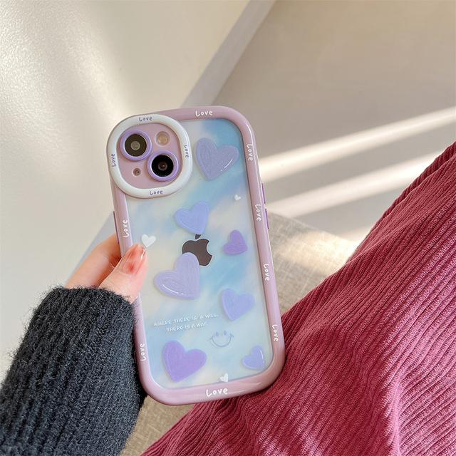 Милый противоударный бампер с фиолетовым сердцем и прозрачным чехлом для телефона Iphone 14 13 12 11 Pro Max, мягкий силиконовый прозрачный чехол на заднюю панель