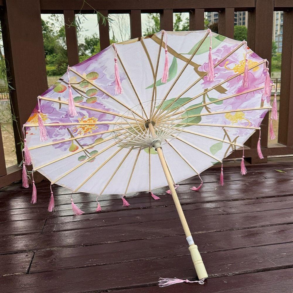 Chinese Style Silk Fabric Tassel Umbrella 70cm Ancient Dance Umbrella Tassel Umbrella for Women