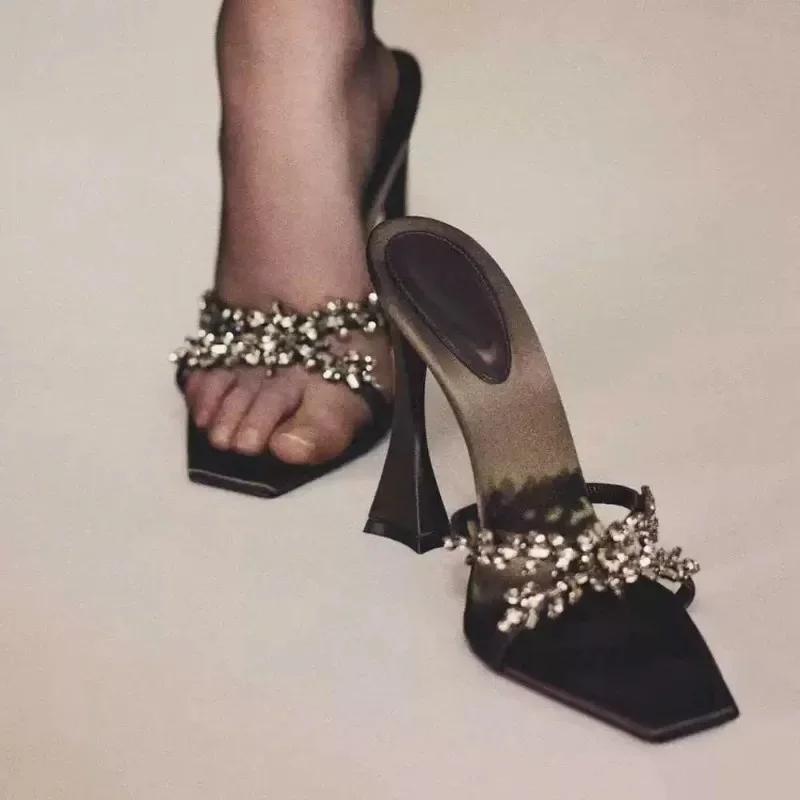 Летние женские босоножки на высоком каблуке, босоножки с перекрестными стразами, с квадратным носком и открытым носком, шелковые, сексуальные босоножки-стилетто на высоком каблуке, мюли