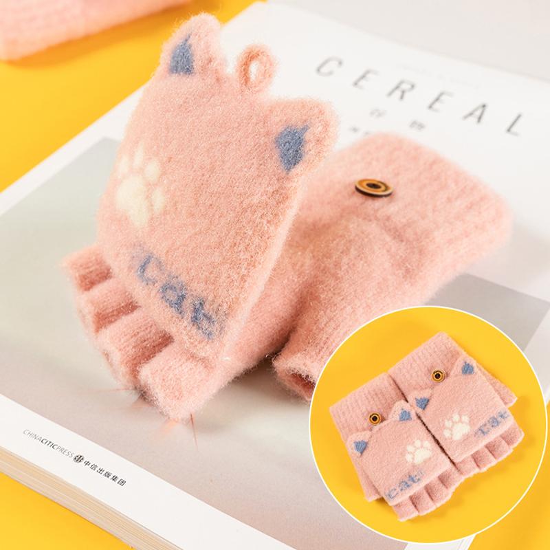 Женские зимние перчатки с милым рисунком, откидные теплые студенческие вязаные перчатки с полупальцами для письма