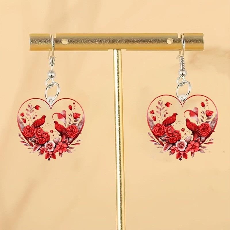Cross-border explosion Heart-shaped bird earrings Red flower and bird-shaped design Valentine's Day gift Lobe earrings